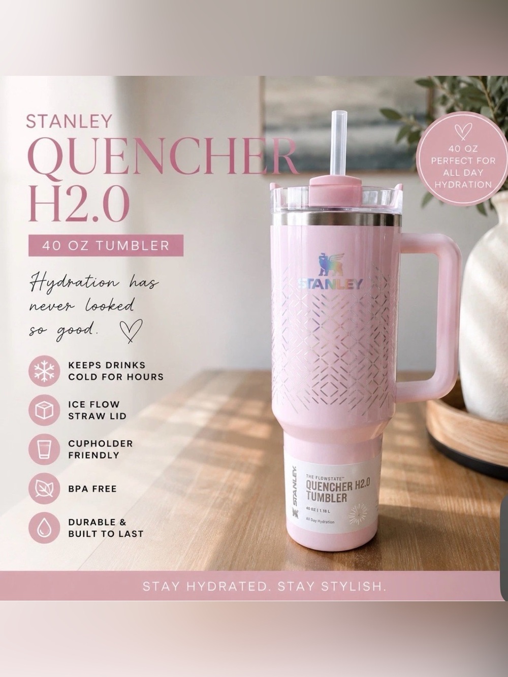 Stanley Pink Quencher H2.0 40oz Insulated Tumbler with Handle & Straw